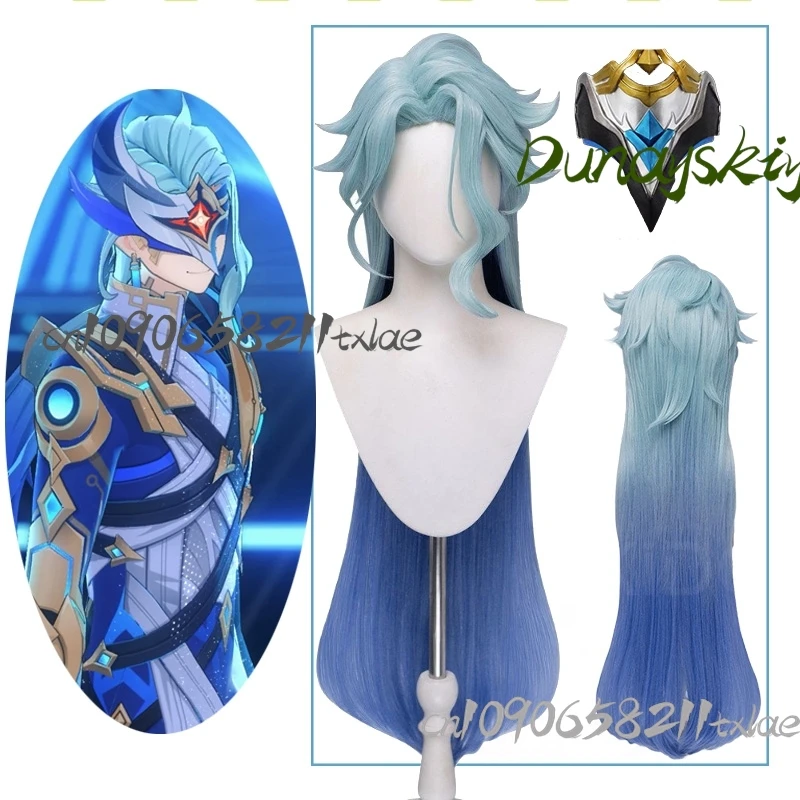 Peluca de Cosplay del Doctor Fatui II de Genshin Impact, Máscara 3D, Cabello Largo en Degradado Azul Verde, para Fiestas, Carnaval, Regalo para Fans
