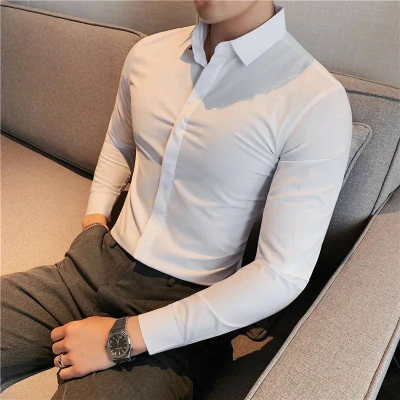 Men Long Sleeved Shirt 2024 Autumn New Anti-wrinkle Soft Solid Casual Elastic Slim Fit Camisas Y Blusas Streetwear Men Clothing