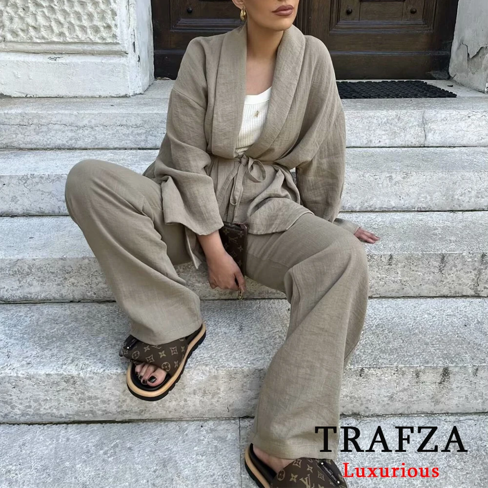 TRAFZA Vintage Loose Women Suits Long Sleeve V Neck Sashes Kimono Jackets+High Waist Wide Leg Pants Fashion 2024 Summer Sets