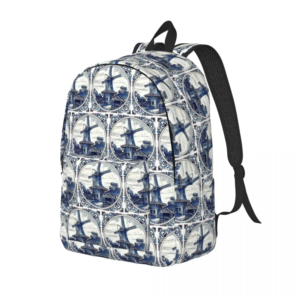 Dutch Blue Delft Vintage Windmill Print Student Backpack School Bag Hiking Travel Daypack for Men Women Bookbag Shoulder Bags
