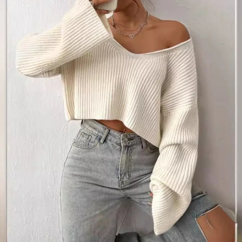 

Short Crop Exposed Navel Autumn and Winter Loose V-neck Shoulder Down Short Ribbed Knitted Sweater for Women