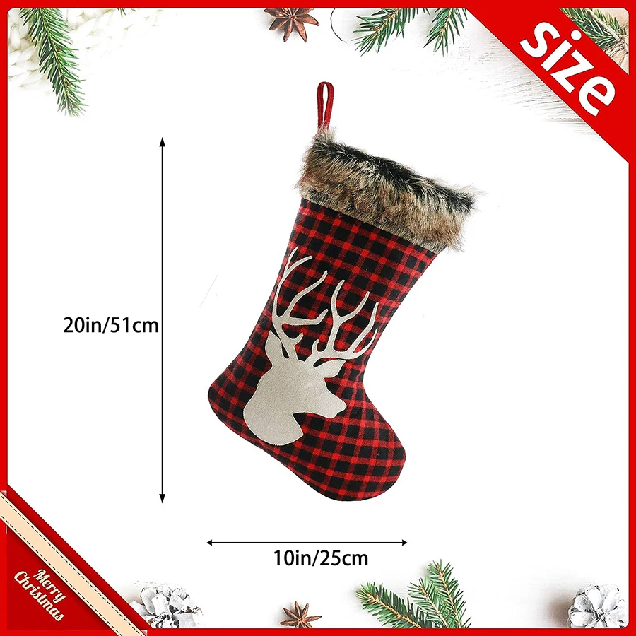 1 Set 51cm Red Black Plaid Stocking Socks Christmas Elk Pattern Red Socks Hanging Decoration Fur Collar Pendant Xmas Gift