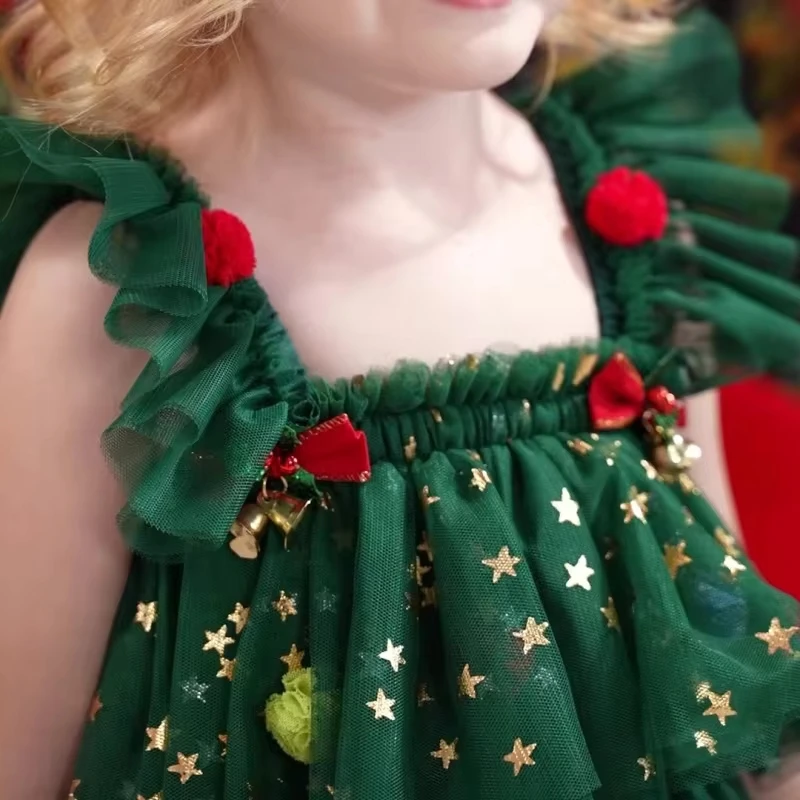 

2-8Y Little Girl Tulle Mesh Christmas Dress Costume Star Ball Square Neck Flying Sleeve Layered Princess Dress Cosplay Clothes