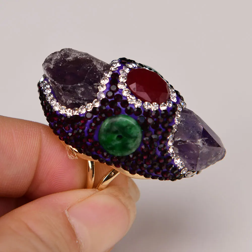 

GG Natural Purple Amethyst Quartz Multi Stone Paved Rings Adjustable