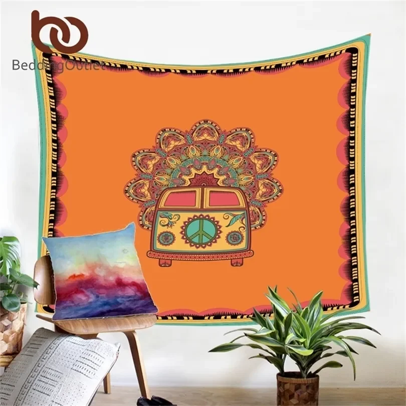 BeddingOutlet Mandala Tapestry Hippie Vintage Car Orange Wall Carpet Microfiber Fabric Art Wall Hanging Bohemian Home Decoration