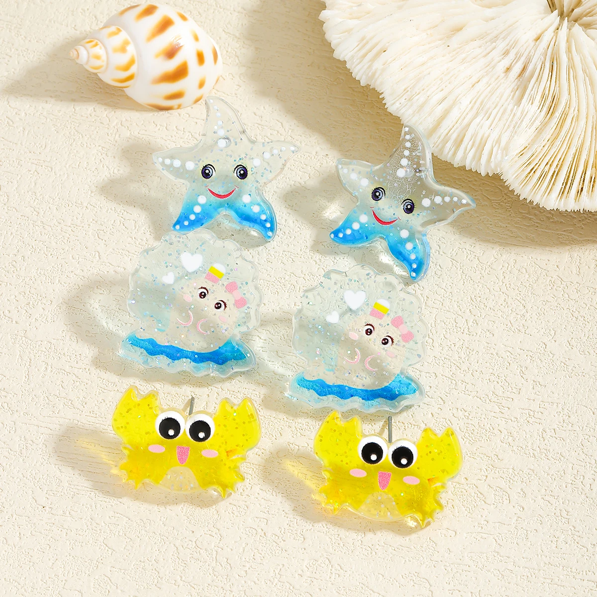 

2025 New 6Pcs/Set Lovely Seashell Crab Octopus Stud Earring For Women Girl Fashion Beach party Jewelry Marine Organism Accessory