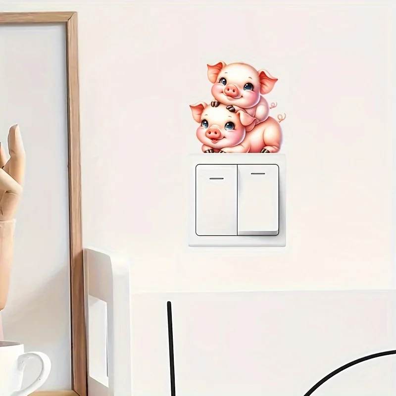 Cute Two Pigs Switch Button Wall Sticker For DIY Home Decoration Cartoon Animals Waterproof Decals PVC Mural Art M1633