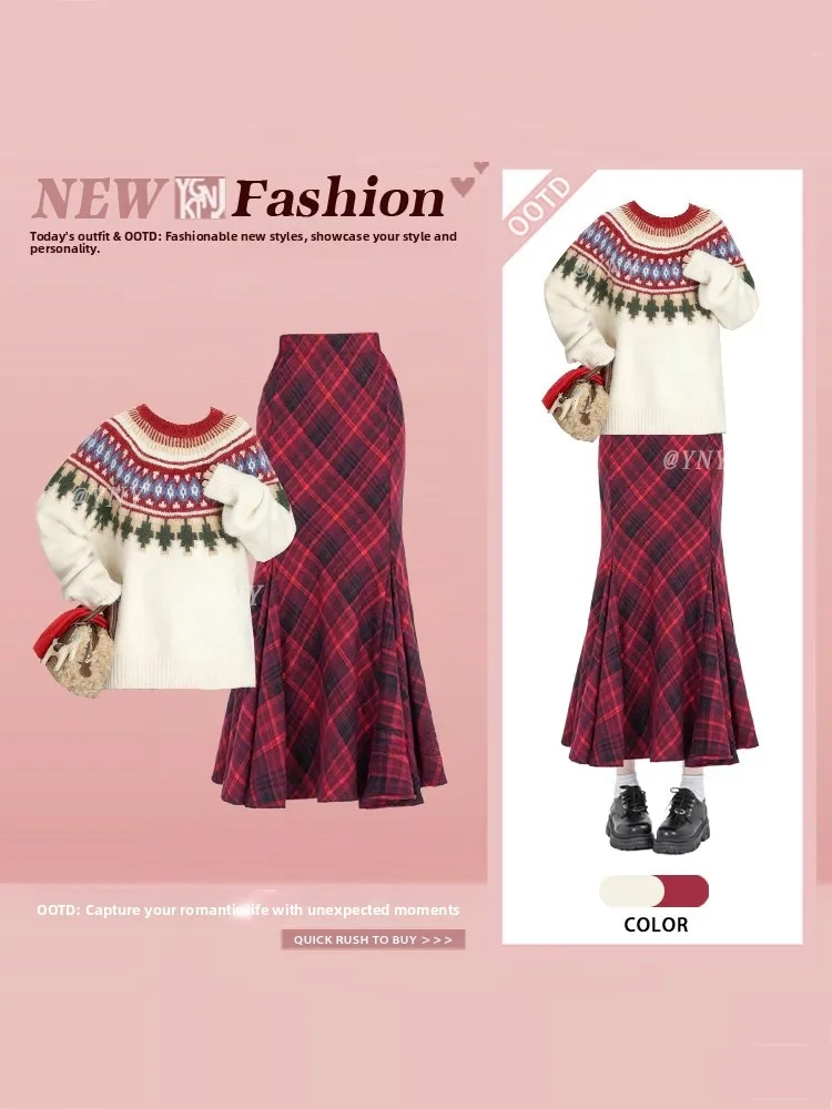 

Retro Japanese Style Knitted Sweater And Red Plaid Skirt Set Loose Fit Spring Fashion Outfit Long Sleeve Winter to Spring