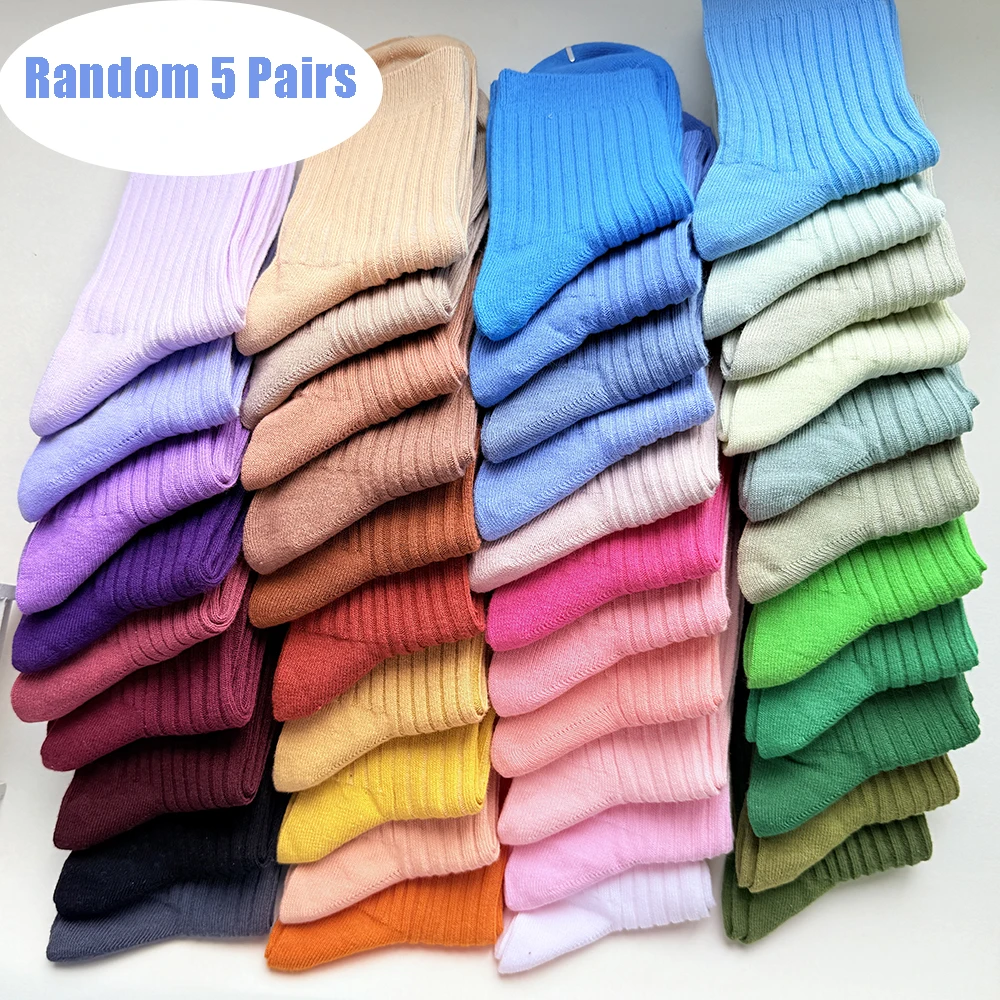 5 Paare/satz frauen Candy Farben Herbst Winter Hohe Qualität Gestreiften Mid-Kalb Baumwolle Atmungsaktive Einfarbig Crew Socken