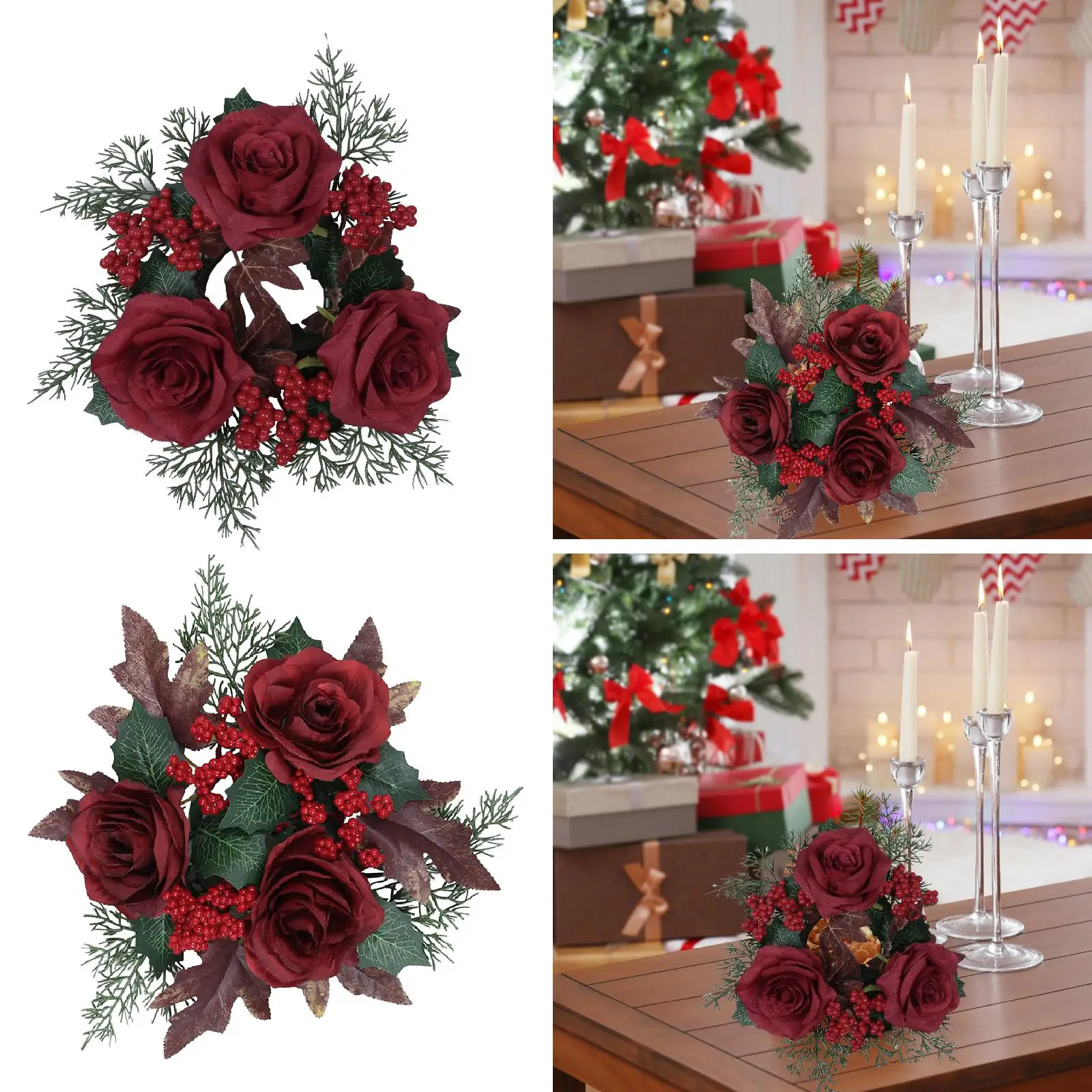 Christmas Candle Ring Wreath Artificial Rose Weeding Xmas Ornament Greenery Leaves Garland for Festival Dining Table Holiday