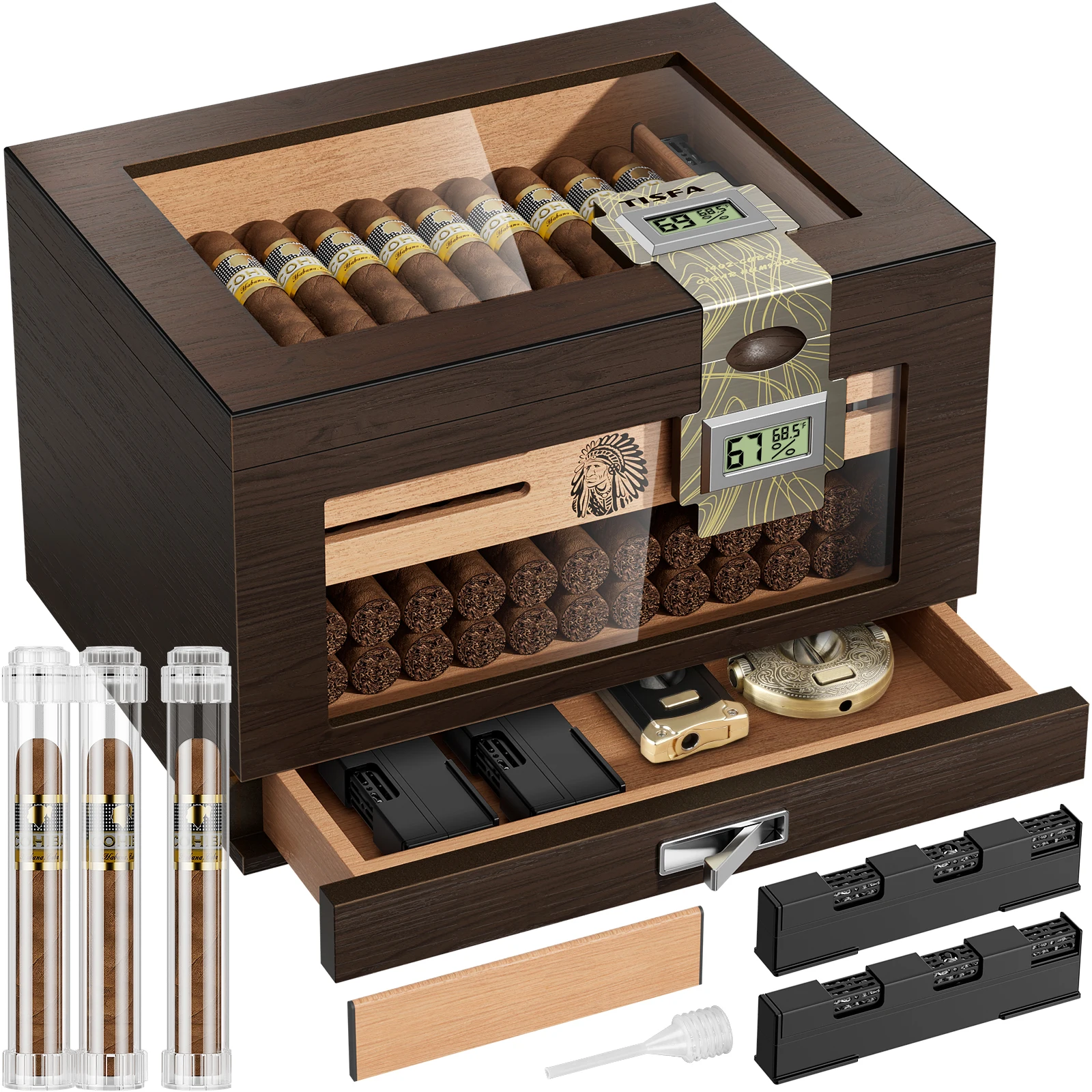 Cigar Humidor Cedar Wood Box with 2 Digital Hygrometer,2 Humidifiers,Cedar Tray,Divider,Accessory Drawer,with Cigar Tube Set