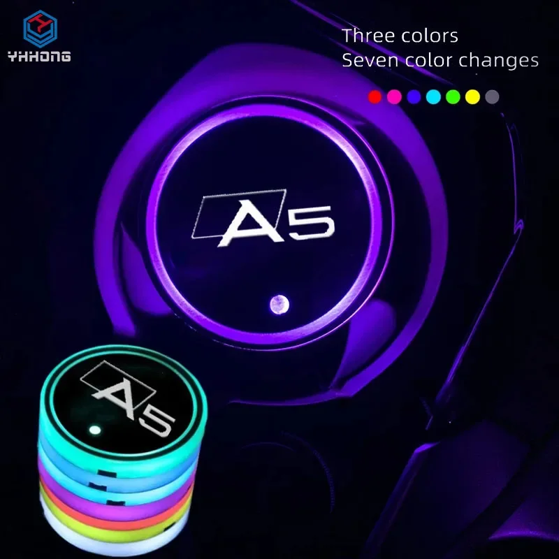 

7 Colorful USB Car Logo Led Atmosphere Light Cup Luminous Coaster Holder For Audis A5 Sportback Coupe B8 B9 Auto Accessories