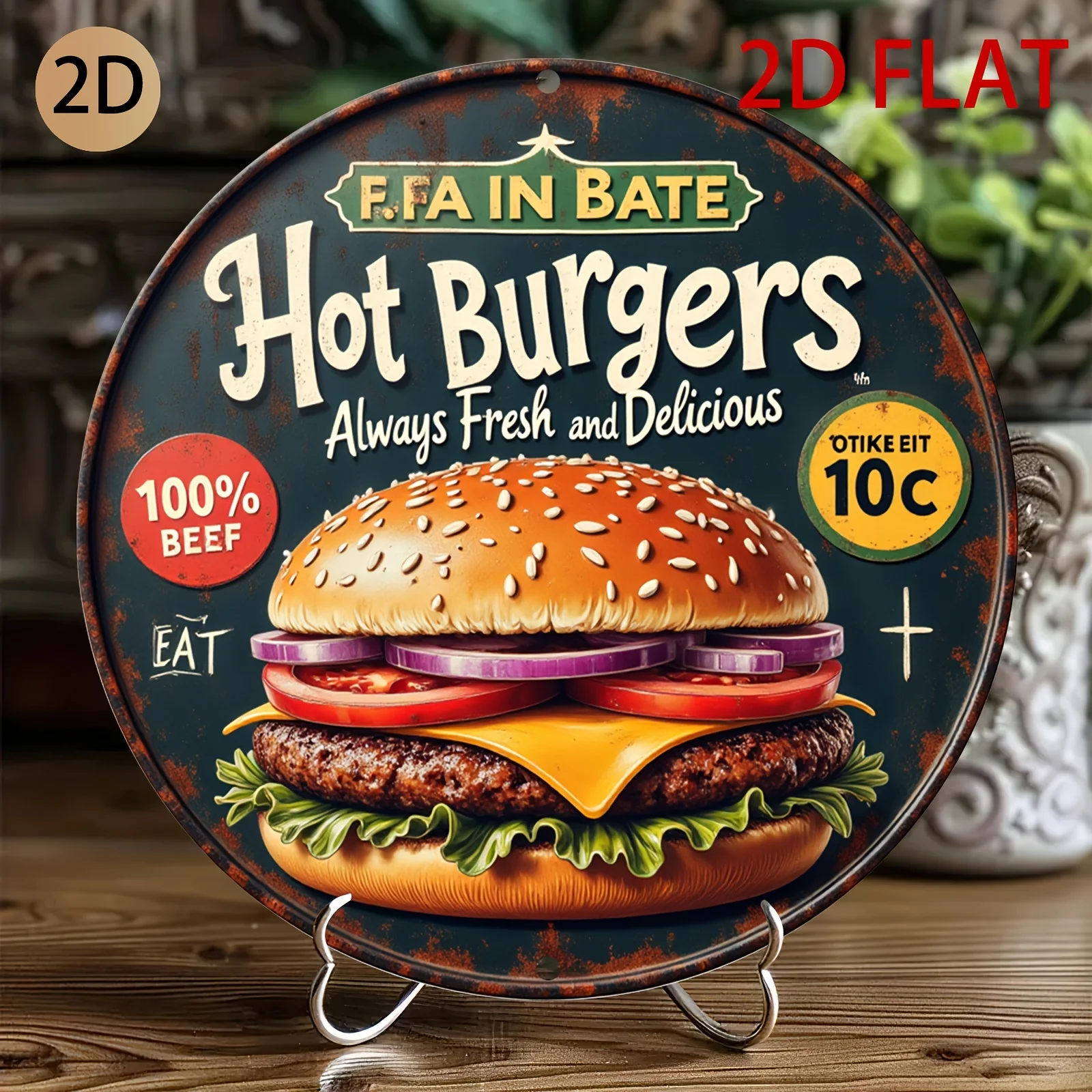 Vintage Hot Burgers 100% Beef Round Tin Sign, Retro Always Fresh Delicious Hamburger 2D Flat Metal Wall Art, Rustic Fast Food De