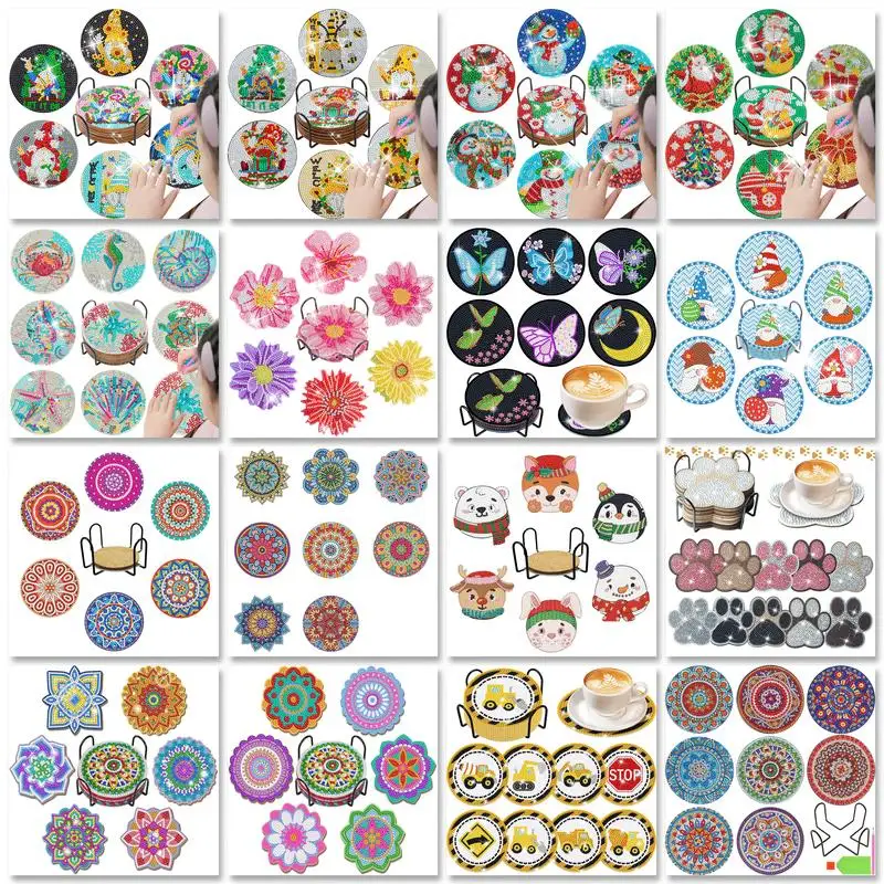 

6/8pcs DIY Flowers Diamond Painting Coaster Drink Cup Cushion Diamond Embroidery Kit Kitchen Accessories Home Decor