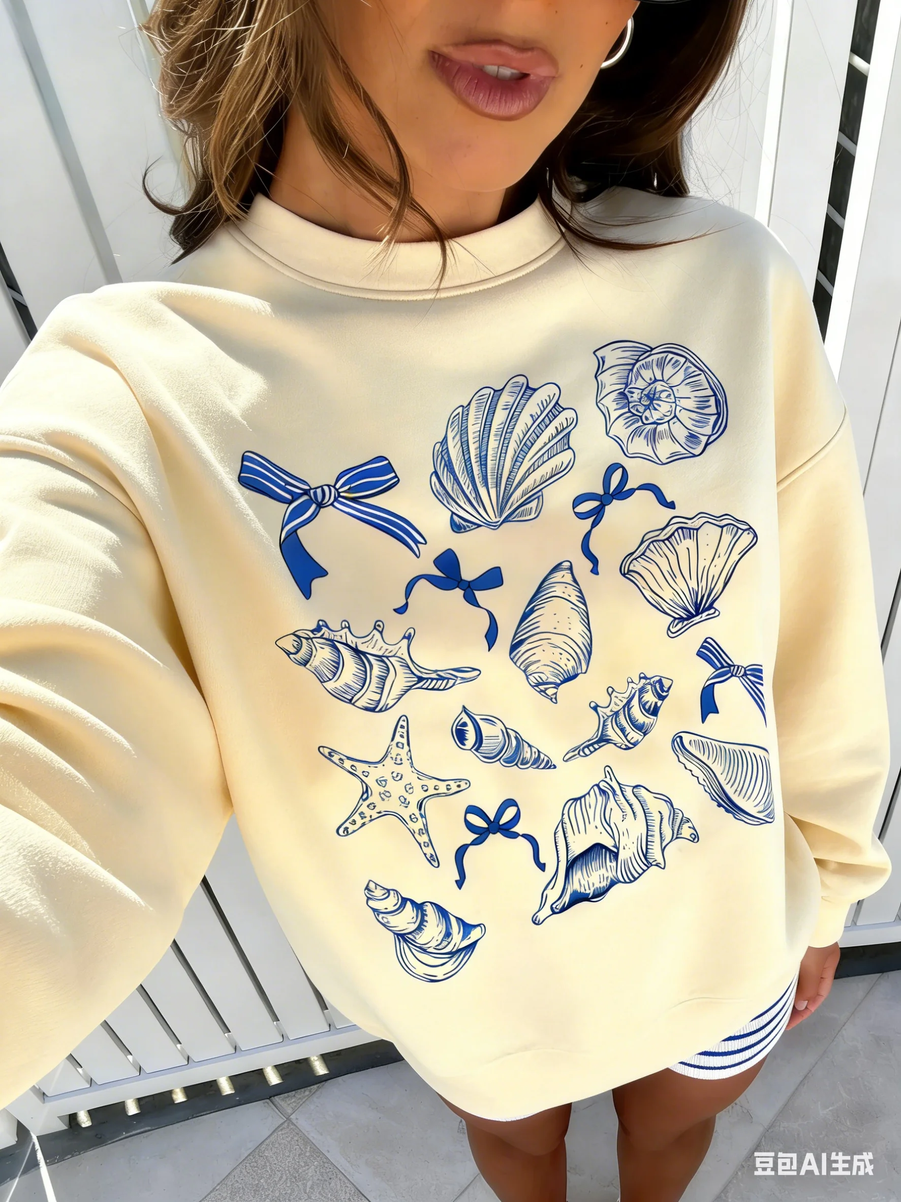 Retro Y2k Marine Animal Conch Pattern Kawaii Sweatshirt Hoodie Chic Design Retro Streetwear Loose Large Size Sweet Young Women