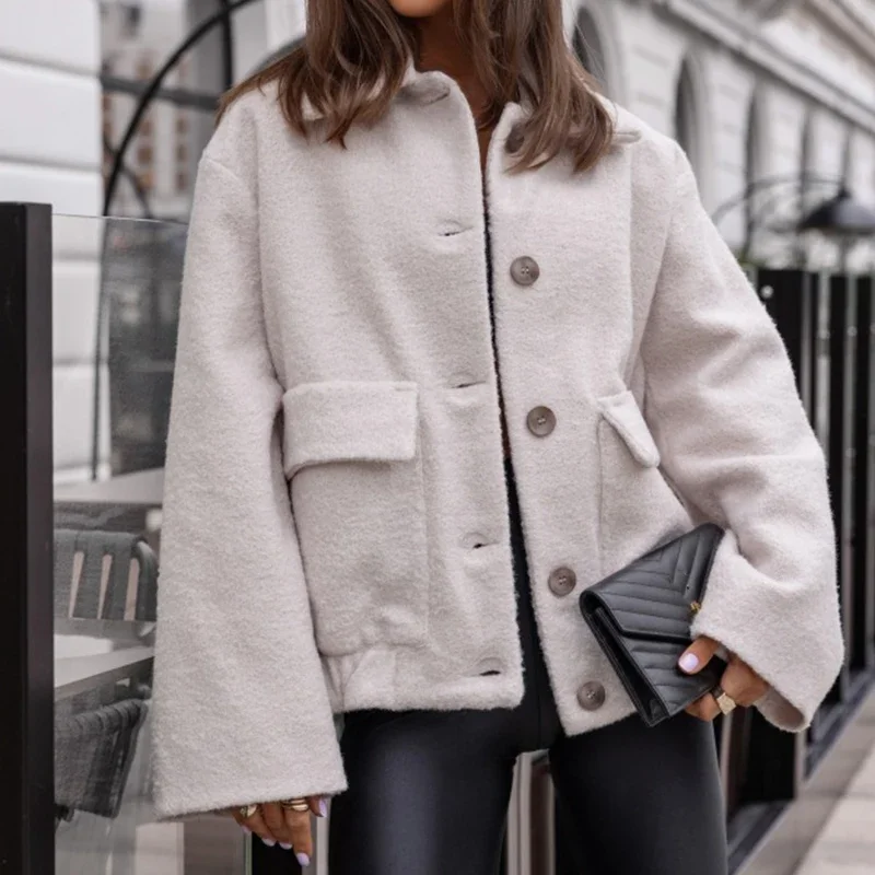 Elegant Lambwool Warm Jackets 2024 Thickness Winter Long Sleeve Wool Coats Commuter 2024 Single Breasted Office Outwear Women