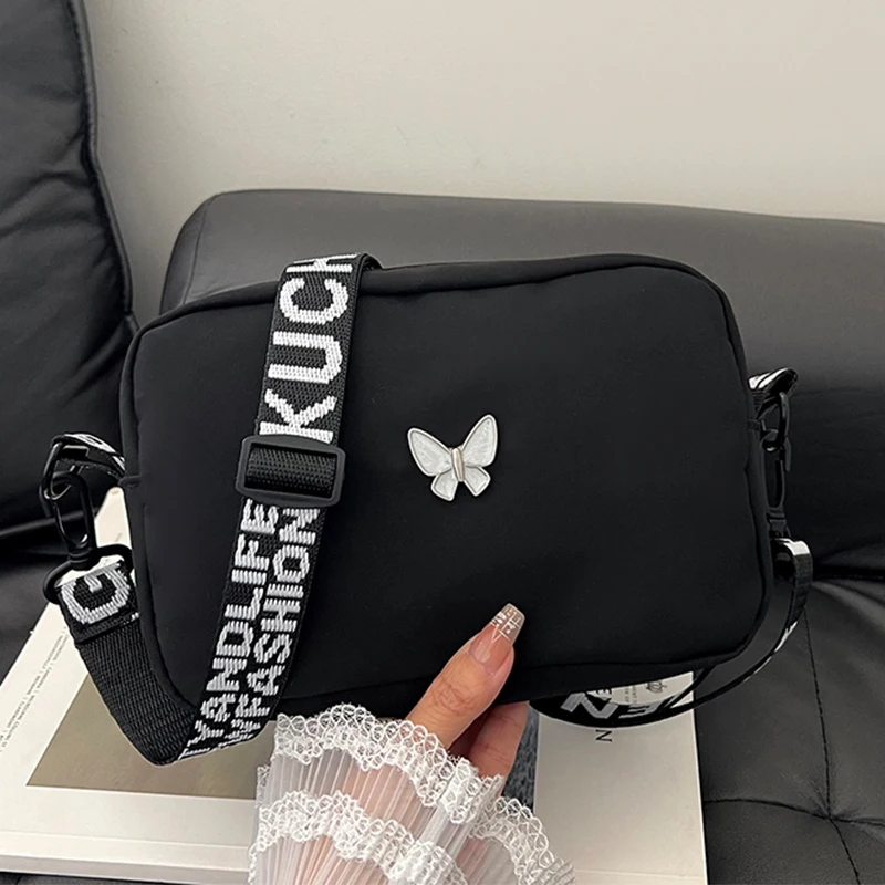 Aesthetic Trendy Ins Style Women Butterfly Nylon Shoulder Bag, Wide Printed Strap Mini Square Crossbody Purse, Lightweight Casua