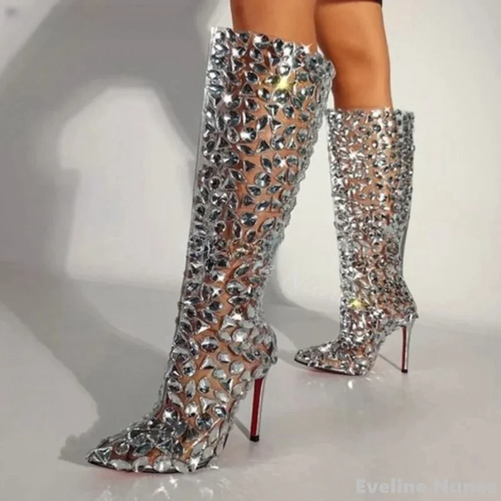 Luxury Rhinestones Transparent Knee-high Heels Women Pointed Toe Stiletto Heel Slip On Boots 2025 New Fashion Design Sandals