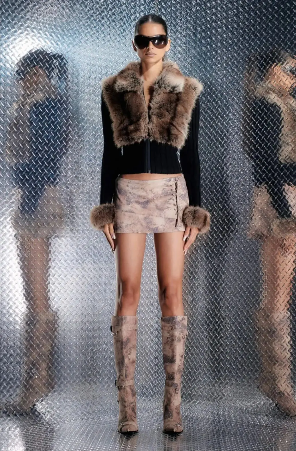 Dámská ekologická kožešinová bunda s patchworkovým vzorem, pletený svetr s klopou a zipem, teplý a moderní styl - náhled 5