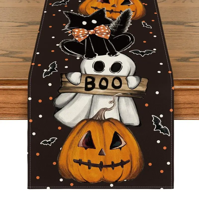 VIKAMA Halloween Table Runner Black Cat Ghost Pumpkin Bat Boo Polka Dot Table Runner for Dining Table Home Party Decor