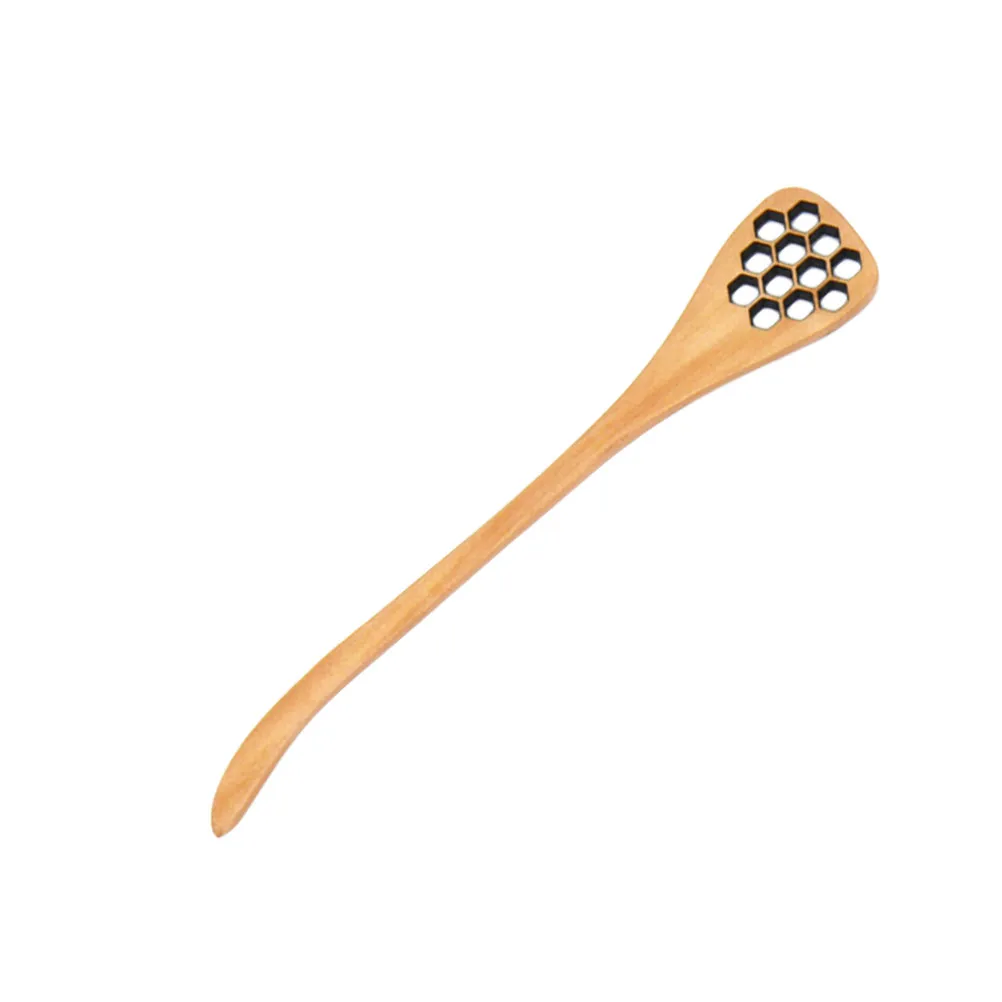 5Pcs Hollow Wooden Honey Spoon Set Natural Burlywood Long Handle Grooved Design for Honey Molasses Maple Syrup Stirring and