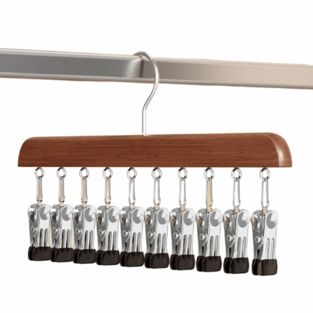 

360°Rotation Wood Hanger Stainless Steel No Trace Wooden Clothes Storage Rack 10/12 Clips Multi-function Drying Rack Tie Hanging