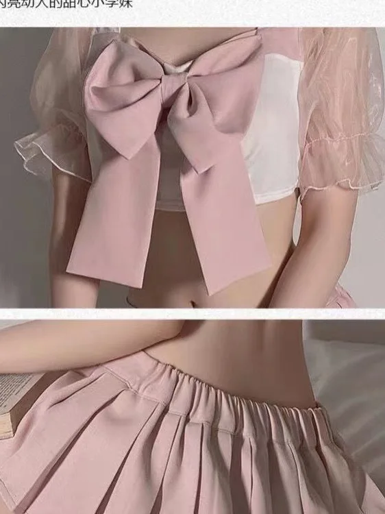 2024 New Sexy Pink Uniform Set Short Sleeve Square Neck Bow Slim Top+low Waisted Sweet Pleated Skirt Two Piece Set P6NK