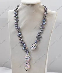 MTC·STAR  Z13138 19'' 10mm Rice Peacock-Black Pearl Necklace Colorful All CZ Tourmaline Egg Pendant