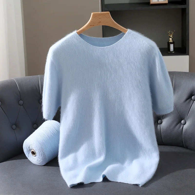 

Autumn Winter New Mink Wool Round Neck Wool Short Sleeve Men's Loose Pullover Sweater Cashmere Knitted Five-Point Sleeve Top