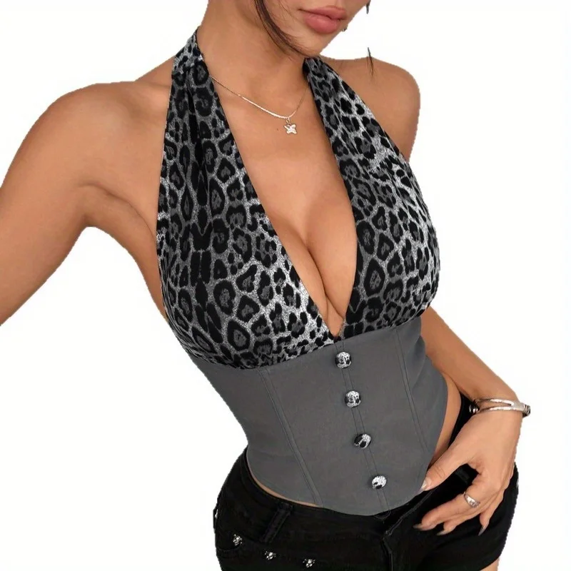 حار فتاة ليوبارد طباعة المرقعة مثير معلقة الرقبة العميق الخامس هيكل السمكة مع زر داخل سترة سليم صالح للنساء