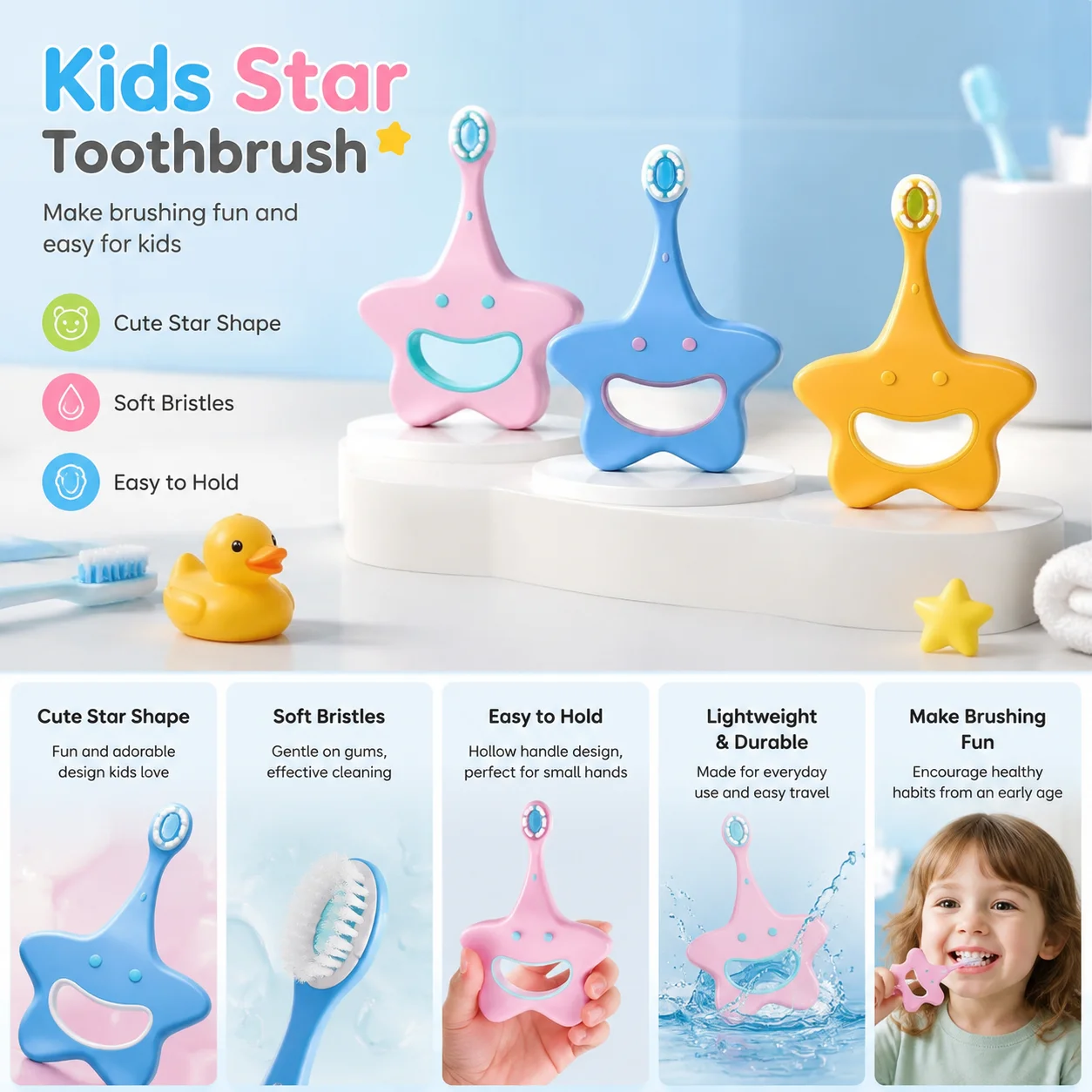 Cute Star Shaped Children's Toothbrush with 0.1mm Fine Diameter Soft Bristles Hollow Easy Grip Handle for Kids Oral Care