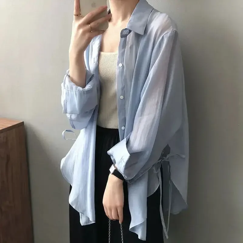 Cardigan con protezione solare in seta di ghiaccio Estate Nuovo top in chiffon versatile sottile allentato Protezione UV Camicia da donna a maniche lunghe in tinta unita