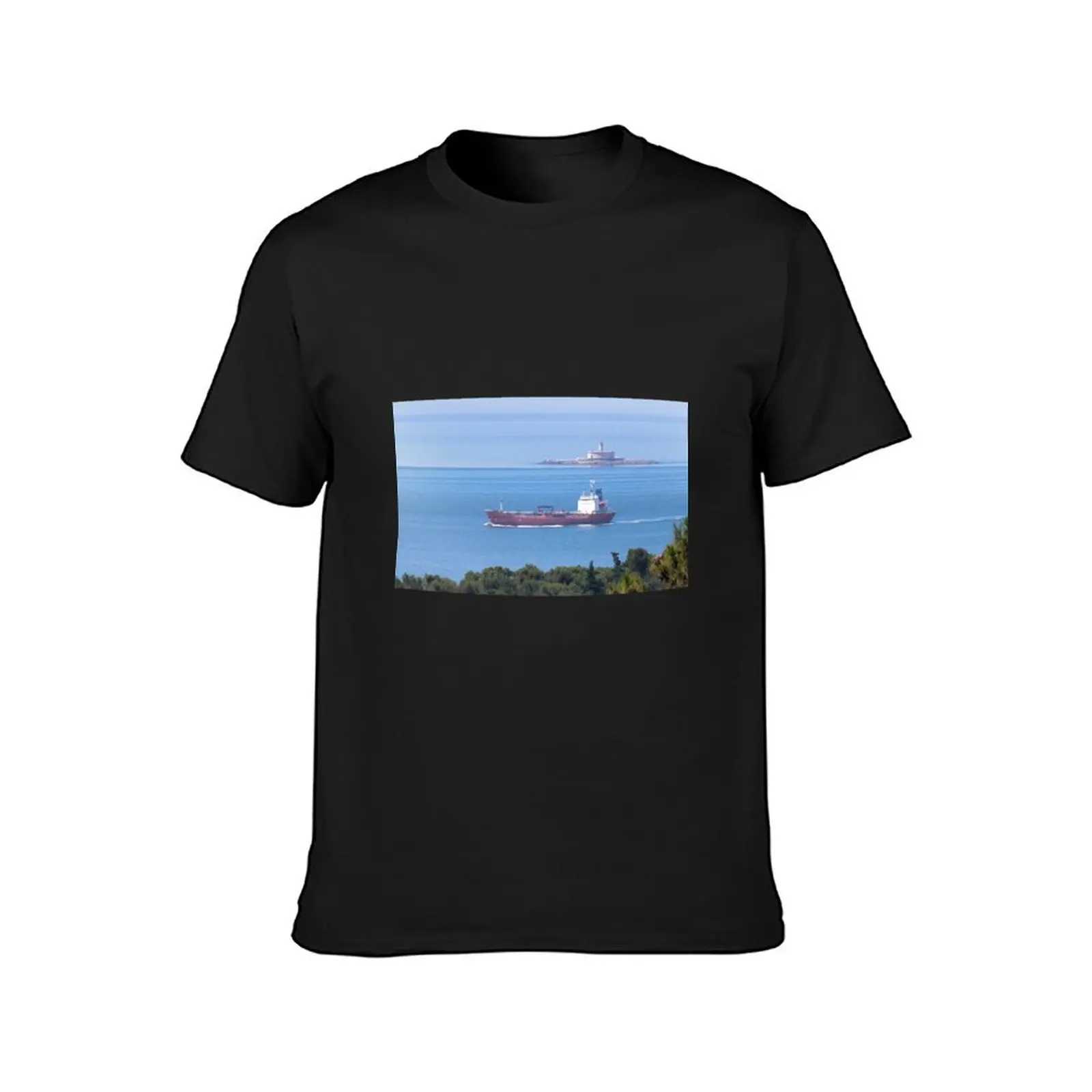 ship and the Bugio lighthouse. Lisbon T-Shirt korean fashion Short sleeve tee clothes for men