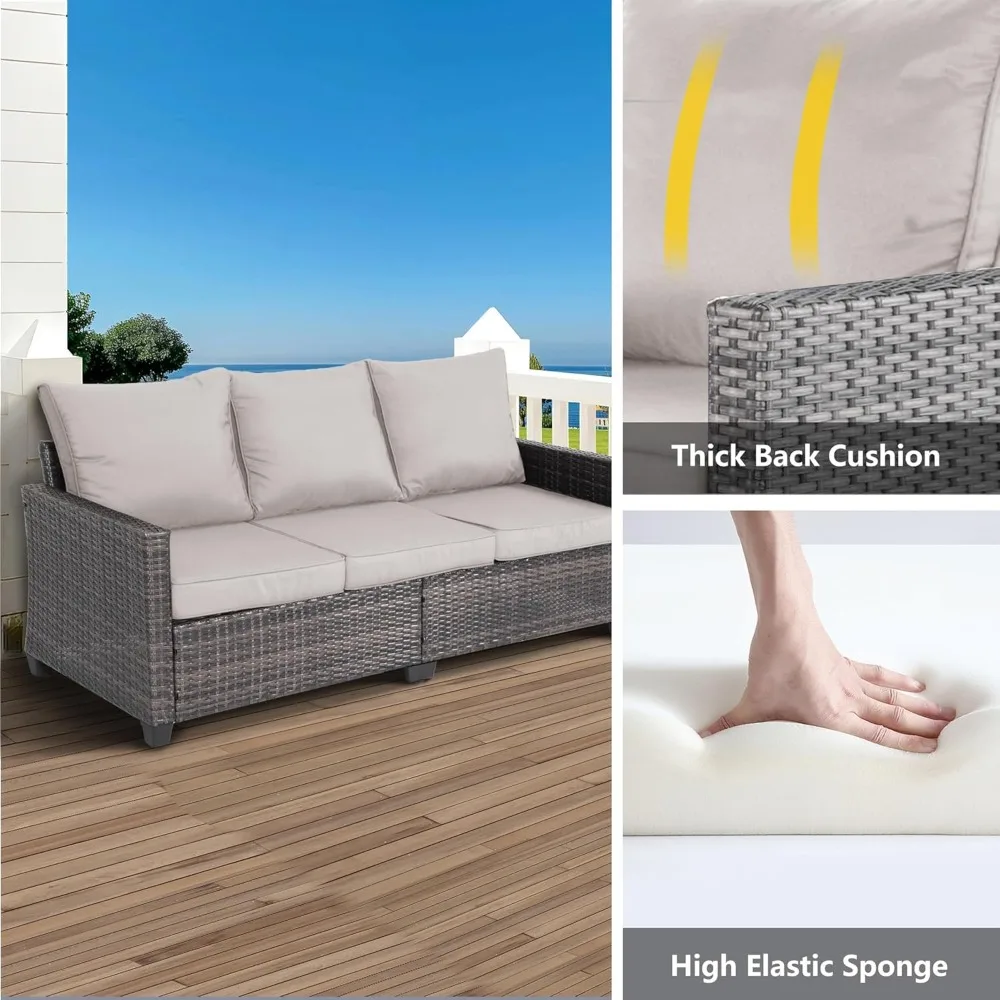 Sofá de pátio para todos os climas, sofá externo de 3 lugares com encosto alto e almofadas grossas, móveis para sofá ao ar livre com vime premium