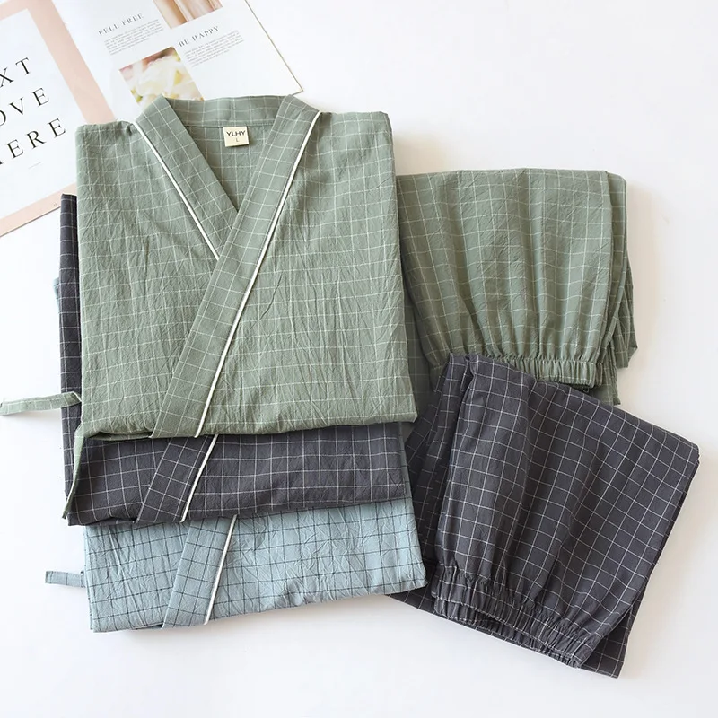 Spring Summer Japanese Pajama Sets Male 100% Cotton Spa Robe Sets Boxer High Quality Kimono Robes Men Plaid Home Hombre