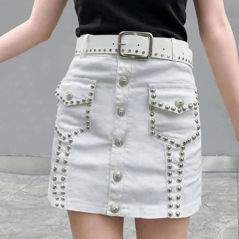 

Short Denim Skirt for Women, Heavy Rivets, Slim Short Skirts, Female Casual, All-match, Anti-slip Cowboy Skirts, Tide, Spring, S