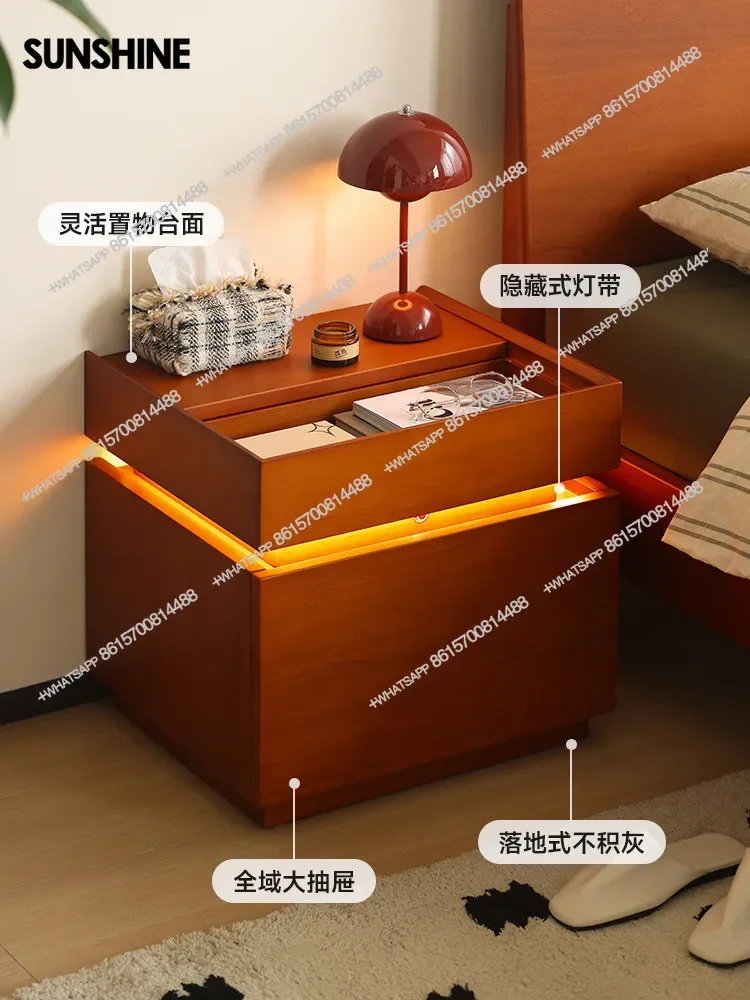 

Nordic retro solid wood bedside table, bedroom with light strip, lockerX