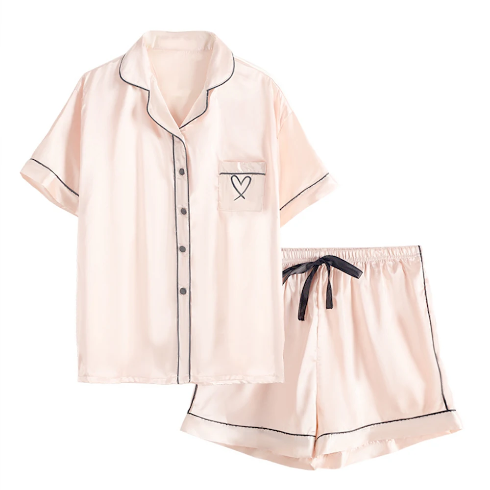 Women Sleepwear Summer Pajama Set Turn Down Collar Faux Silk Satin Short Sleeve Top+Shorts Female Pijama Homewear Suit