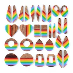 6PCS Rainbow Resin Wood Pendant Set with Earring Hook and Open Jumping Ring, Suitable for Women to DIY Dangerous Earrings