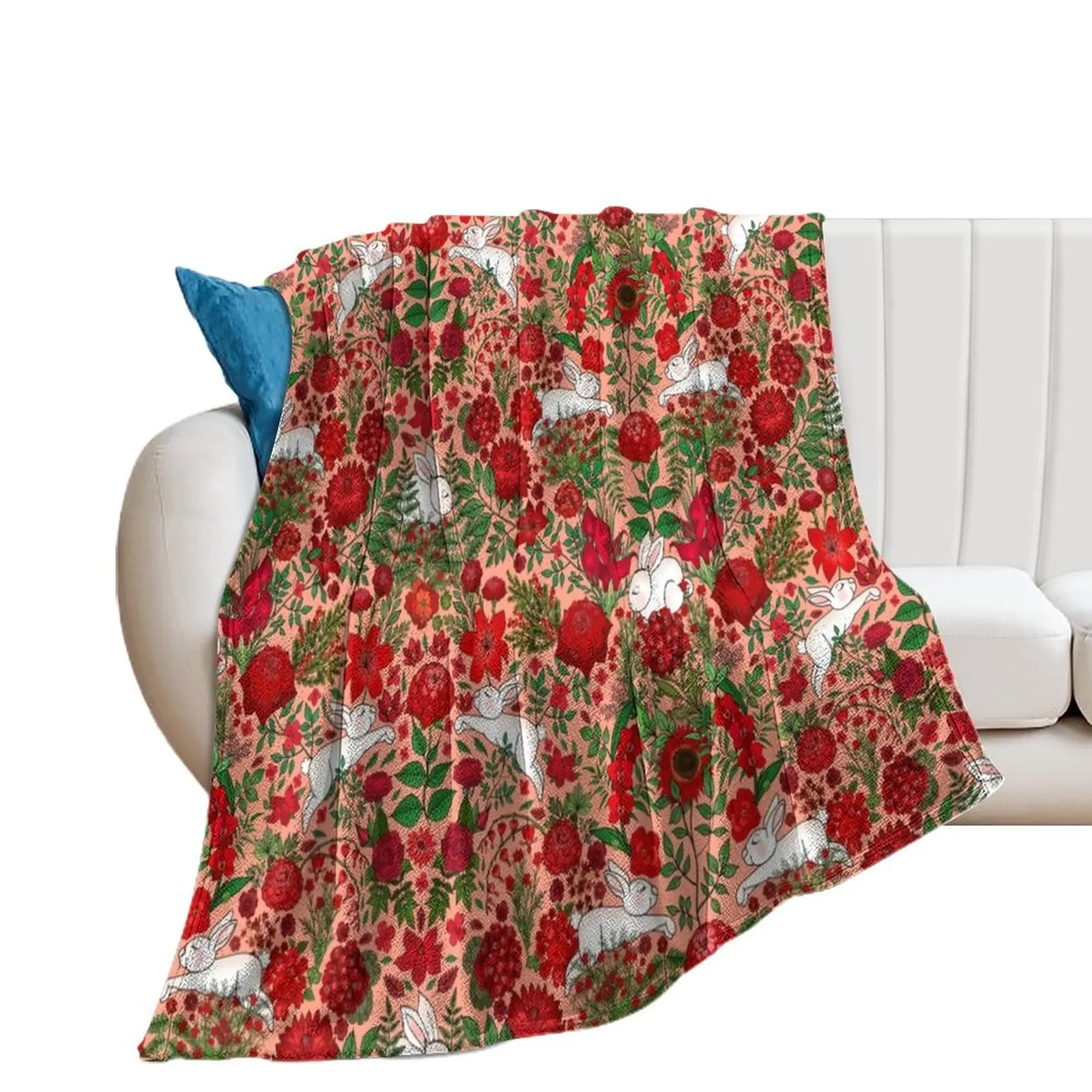 

Restful and Raucous Rabbits in a Red Garden Throw Blanket Plaid on the sofa Cute Plaid Summer Thin Blankets