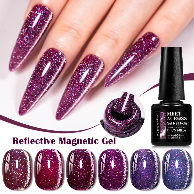 6가지 색상 반사 고양이 자석 젤 네일 폴리시 반짝이는 글리터 반영구 젤 네일 아트