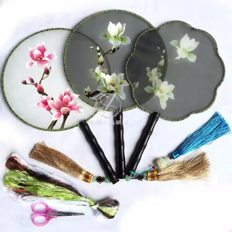 Traditional Chinese Double Sided Embroidery Fan DIY Kit, Handmade Sewing Craft Supplies with Wooden Handle