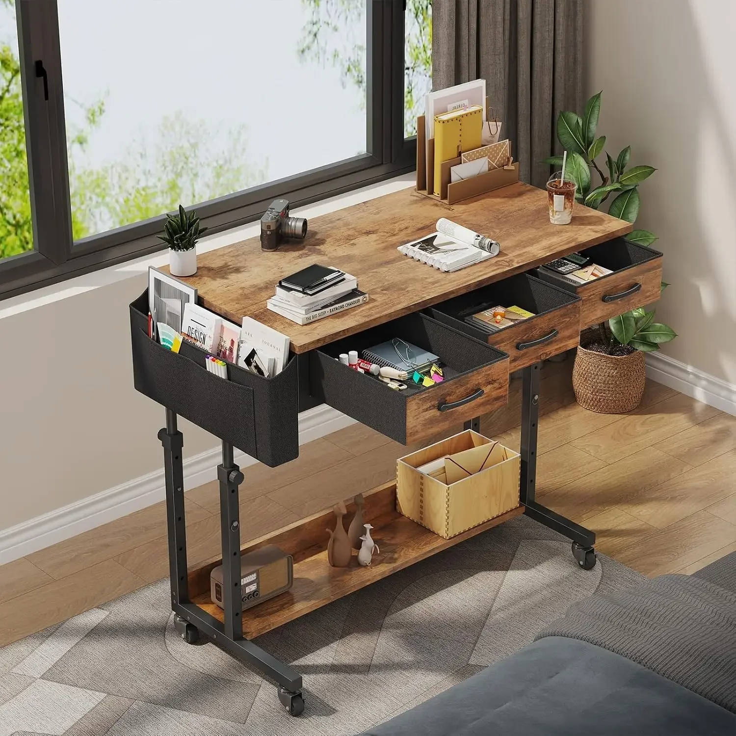 Rolling Standing Desk Adjustable Height with Drawers on Wheels, 40 Inch Portable Mobile Stand Up Computer Desks for Bedroom