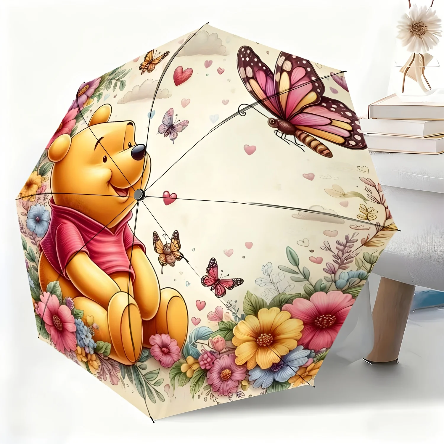 

Автоматический зонт Disney Winnie the Pooh с цветочным узором и бабочками, универсальный зонт двойного назначения для солнца и дождя, портативный, складной, 1 шт.