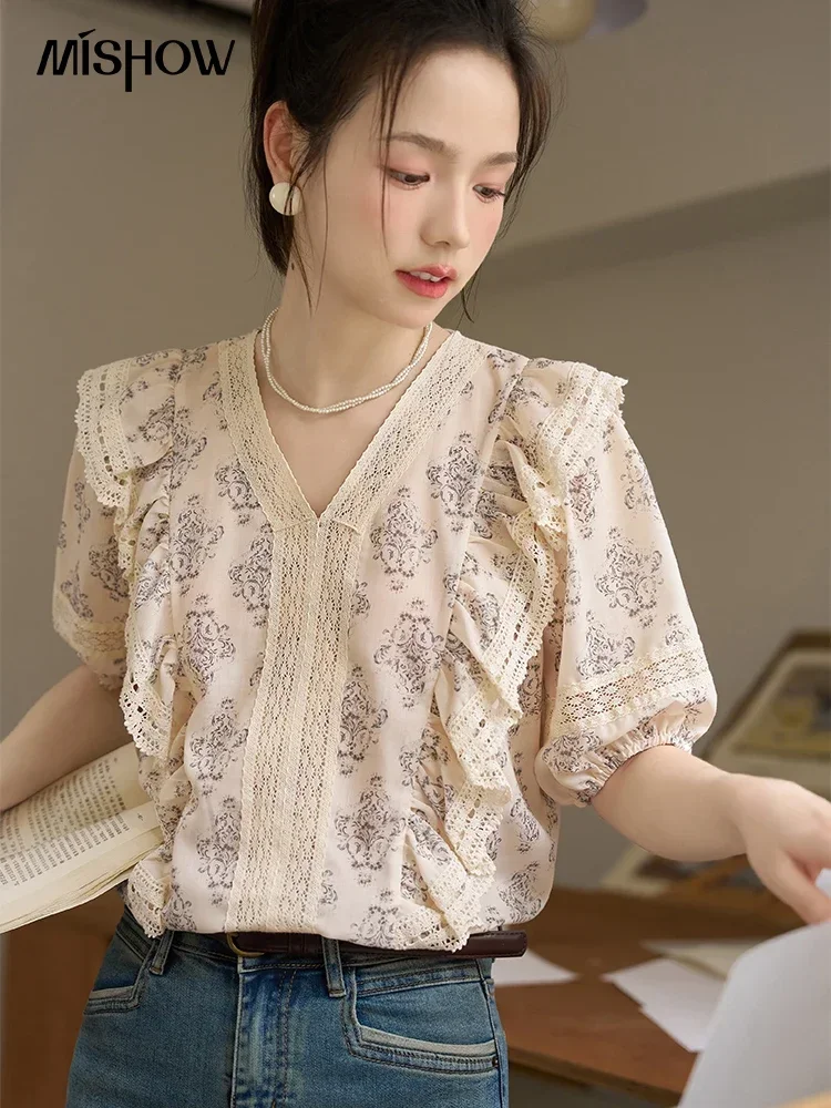 MISHOW Lace Ruffled V-neck Blouses for Women Summer Floral Puff Sleeve Pullover Female Chiffon Tops Office Lady MXC35X0068