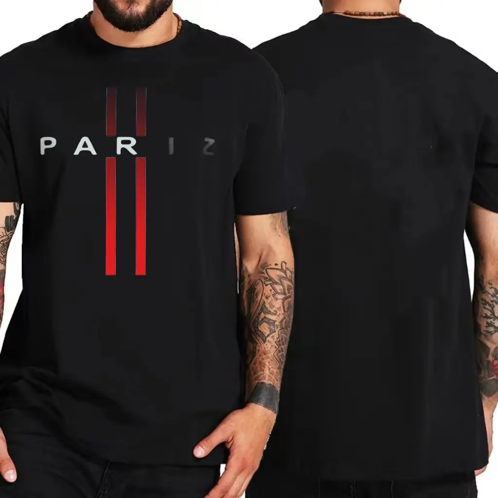 تي شيرت صيفي للرجال 100% من القطن الخالص فضفاض غير رسمي مقاس كبير بنمط حروف باريس مطبوع برقبة دائرية وأكمام قصيرة #3