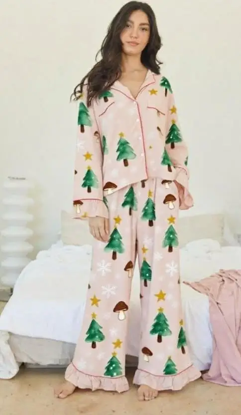 

Women's Christmas Pajama Set Two Piece Lounge Set with Christmas Trees Stars Mushrooms Ruffled Hems Night Wear Outfits for Women