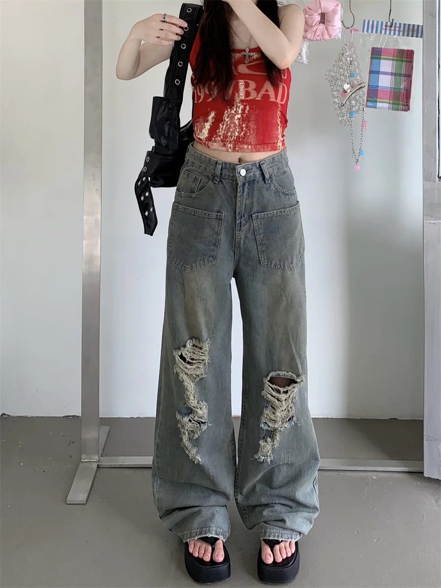 

Slergiri American street blue ripped washed jeans women's high waist y2k vintage boyfriend loose straight wide-leg denim pants