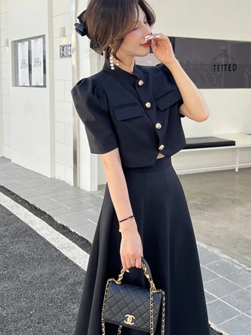 Korea Elegant Two Piece Sets Vintage Office Lady Chic Fashion Puff Sleeve Crop Top + A Line Midi Skirts Suit Retro Summer Outfit