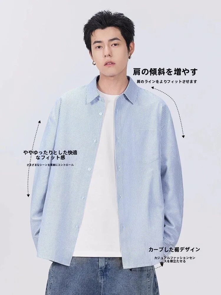 Oxford Cloth Long Sleeve Striped Shirt Unisex Spring 2026 New Style Light Blue Casual Wind Resistant Wrinkle Free Couple's Shirt
